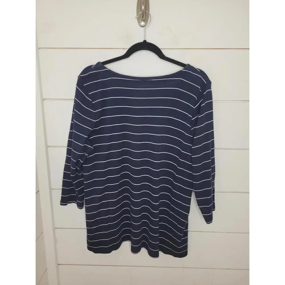 J. Jill large blue with white stripes 3/4 sleeve v neck tee shirt - Picture 2 of 5